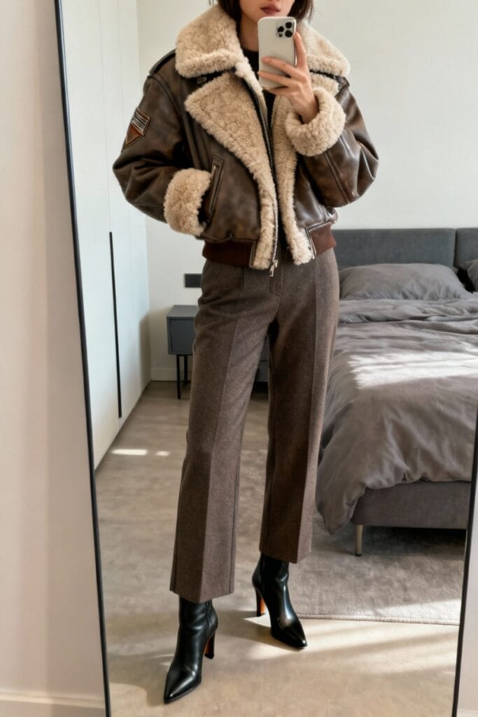 Person wearing a brown shearling aviator jacket, brown trousers, and black heeled boots standing in a modern bedroom, photographed in a mirror.