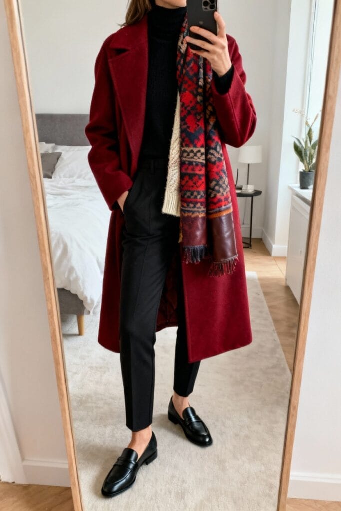 Person taking a mirror selfie wearing a long red coat, patterned scarf, black turtleneck, black pants, and black loafers in a bedroom.