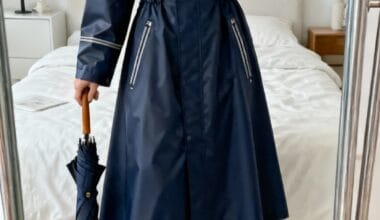 A person in a long navy raincoat and sneakers stands indoors, holding a closed umbrella, taking a mirror selfie in a bedroom.