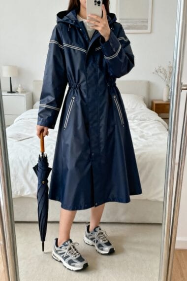 A person in a long navy raincoat and sneakers stands indoors, holding a closed umbrella, taking a mirror selfie in a bedroom.