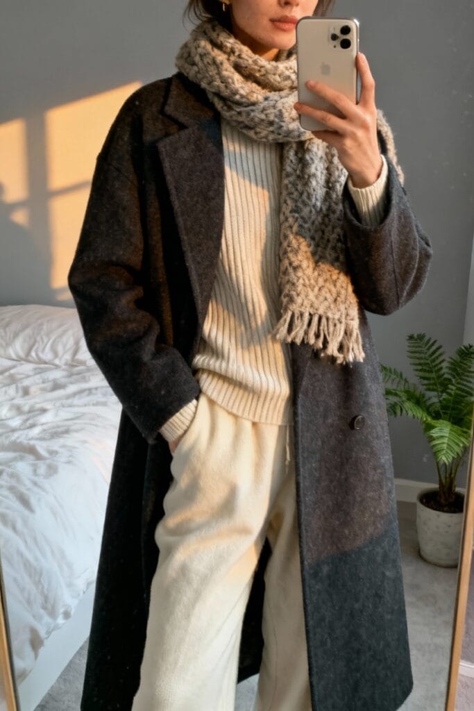 Person taking a mirror selfie wearing a dark coat, cream scarf, ribbed sweater, and light pants in a softly lit bedroom with a plant in the background.