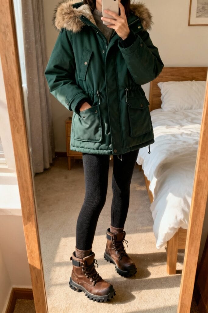 Person wearing a green parka with a fur-lined hood, black leggings, and brown lace-up boots stands in front of a mirror in a bedroom taking a photo.