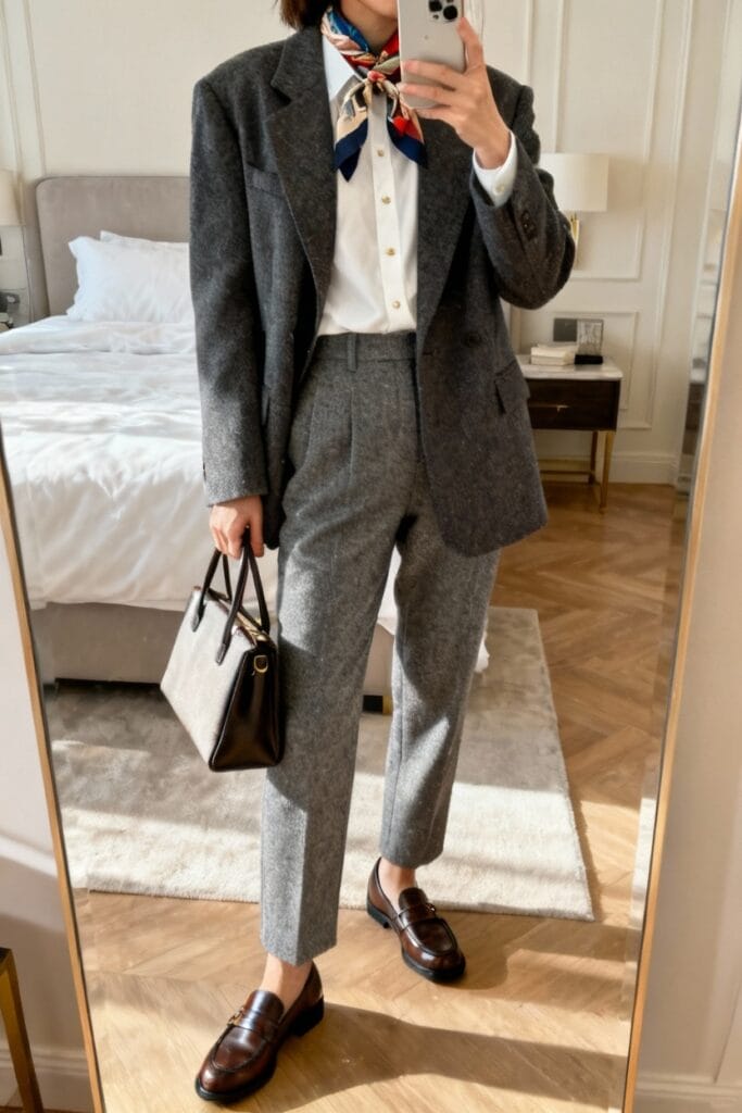 Person in a gray suit with a white shirt, loafers, and a colorful scarf stands in a bedroom, holding a beige handbag, facing a mirror.