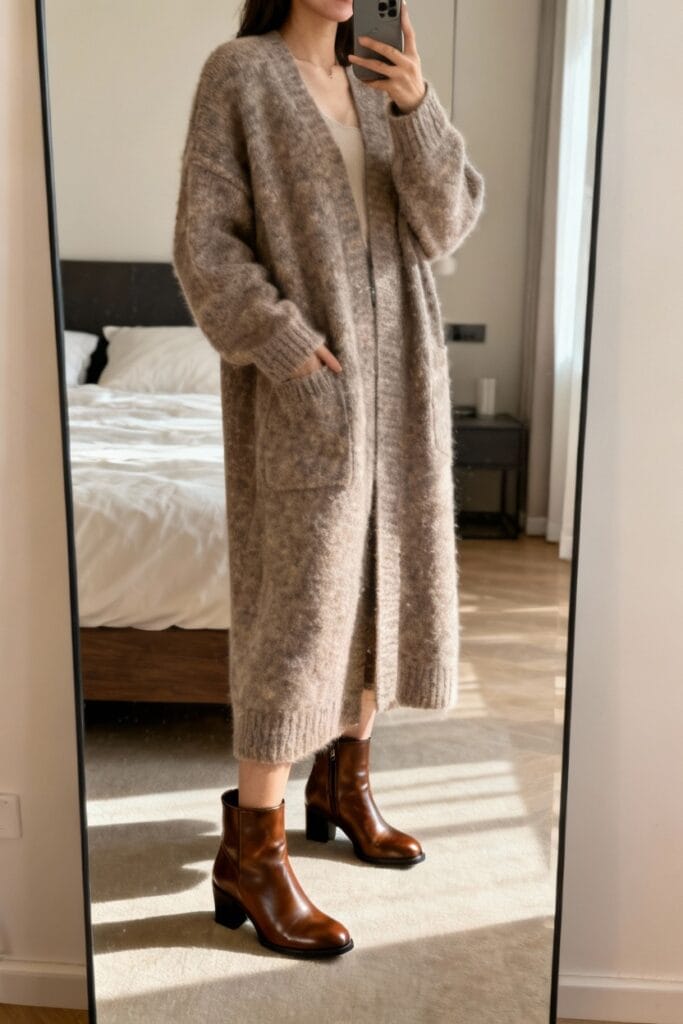 Person taking a mirror selfie wearing a long, fuzzy beige cardigan, a light dress, and brown heeled ankle boots in a bedroom with a made bed in the background.