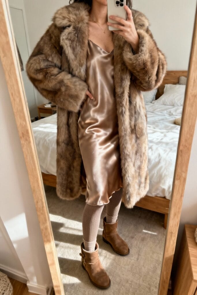 Person wearing a long faux fur coat over a satin slip dress, knit tights, and brown boots, taking a mirror selfie in a bedroom.