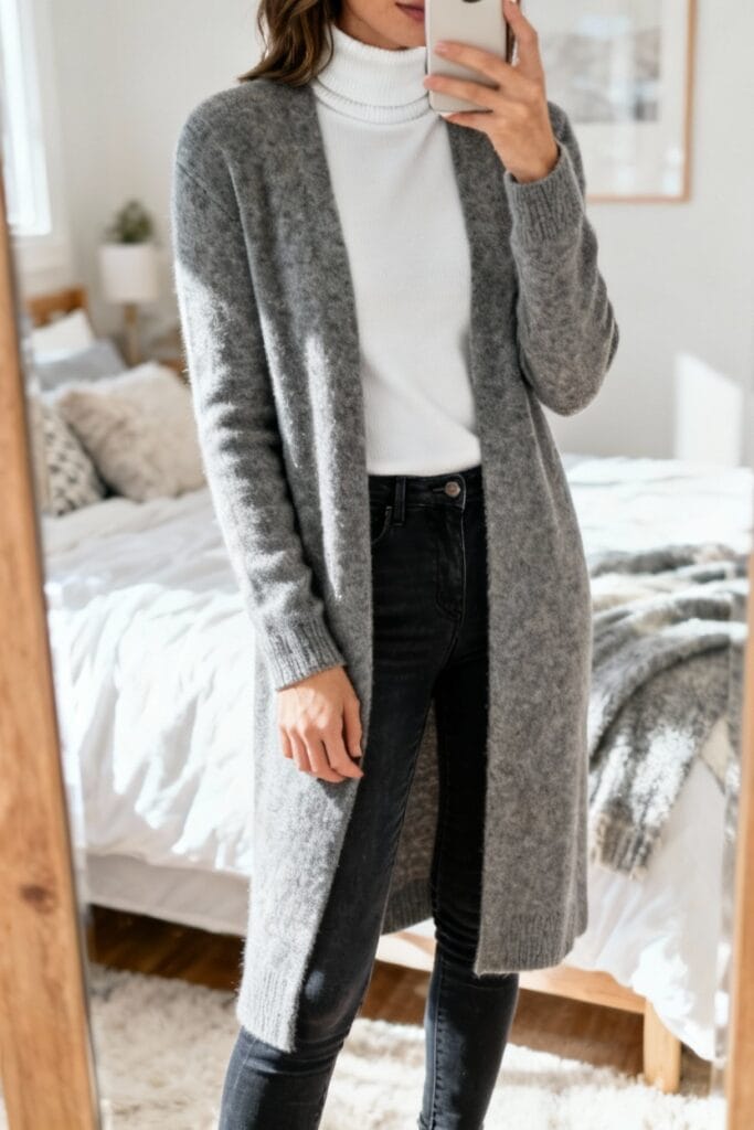 A person stands in a bedroom taking a mirror selfie, wearing a white turtleneck, gray long cardigan, and black jeans.
