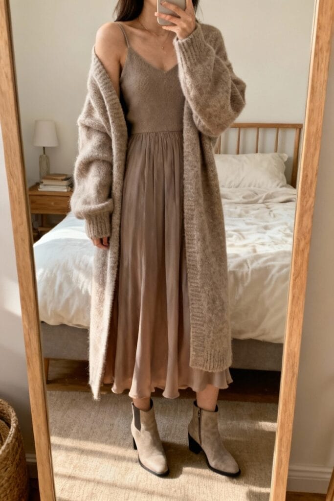 Person taking a mirror selfie wearing a beige knit cardigan, taupe sleeveless top, flowy taupe skirt, and light taupe ankle boots, standing in a bedroom with a made bed.