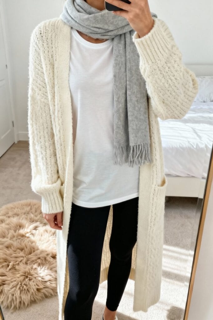 Person wearing a long cream knit cardigan, white t-shirt, black leggings, and a light gray scarf, standing indoors on a beige carpet.