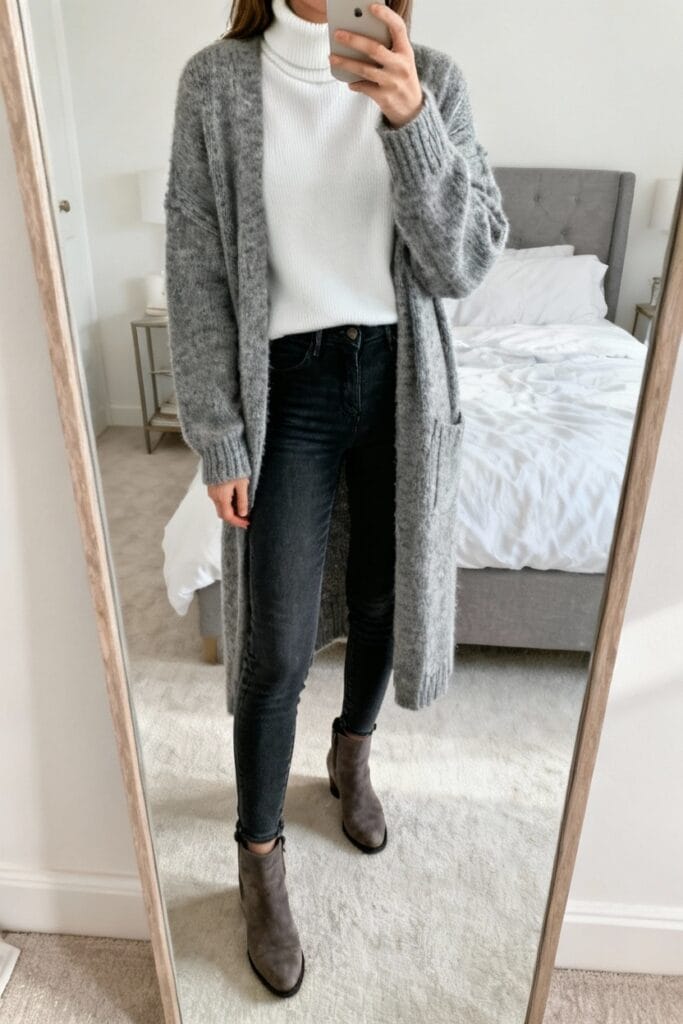 Person wearing a white turtleneck, long gray cardigan, black jeans, and gray ankle boots stands in front of a mirror taking a photo in a bedroom.