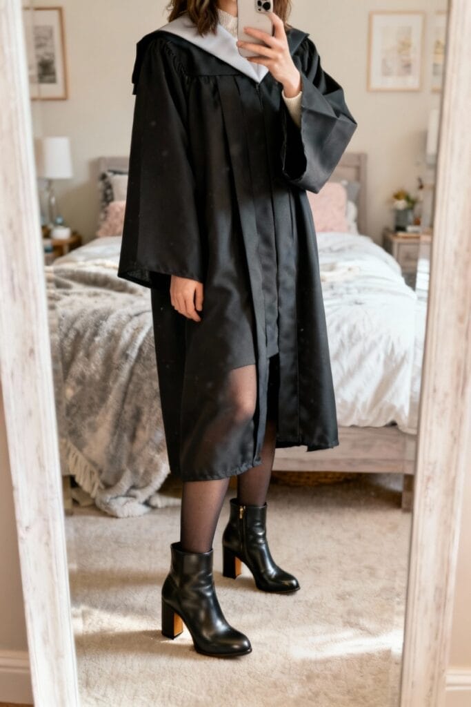Person wearing a black graduation gown and boots stands in front of a mirror in a bedroom, taking a photo of their outfit.