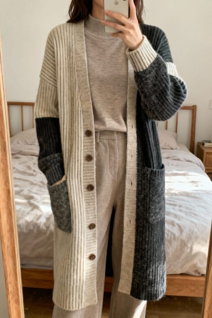 Person taking a mirror selfie, wearing a long, color-blocked cardigan with patch pockets over a beige turtleneck and wide-leg pants in a bedroom.