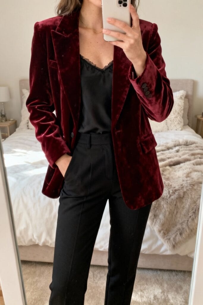 Person wearing a burgundy velvet blazer, black camisole, and black trousers stands in a bedroom, taking a mirror selfie.