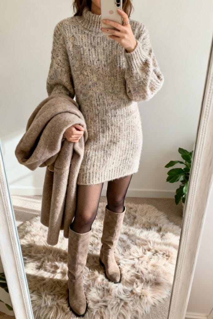 Person wearing a beige oversized sweater, sheer black tights, and tan knee-high boots, holding a matching coat, standing on a furry rug in front of a mirror.
