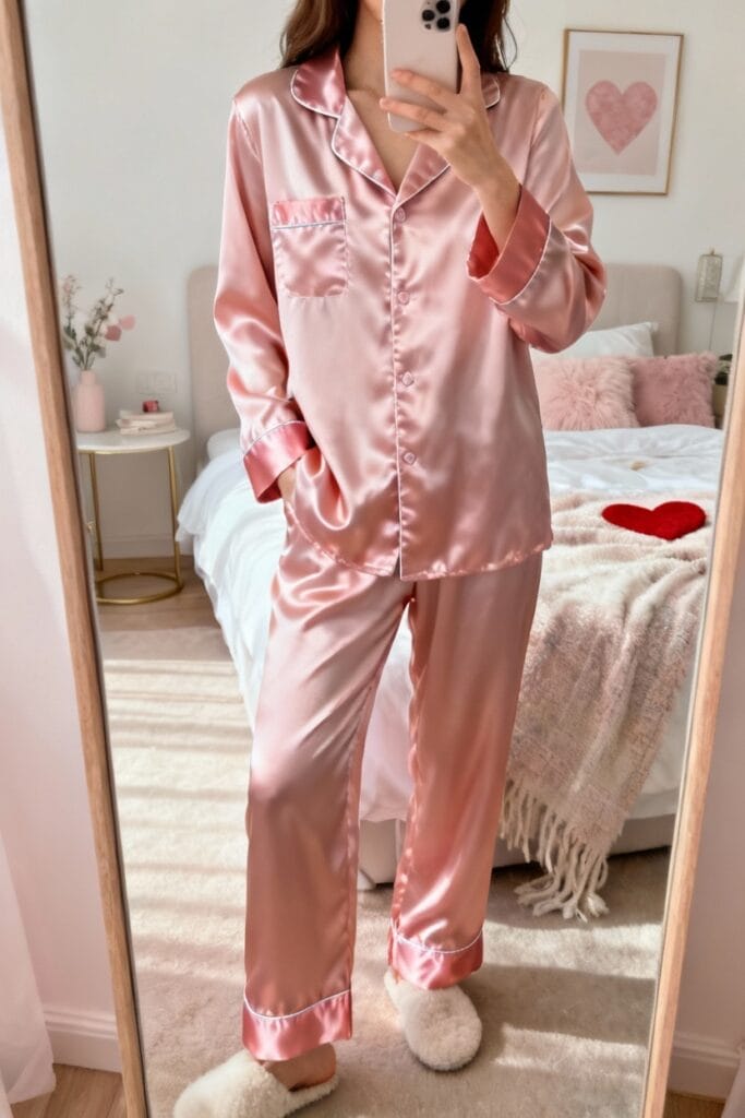 Person wearing pink satin pajamas and white slippers stands in a bedroom with a made bed, fluffy blanket, and soft pink decor visible in the background.