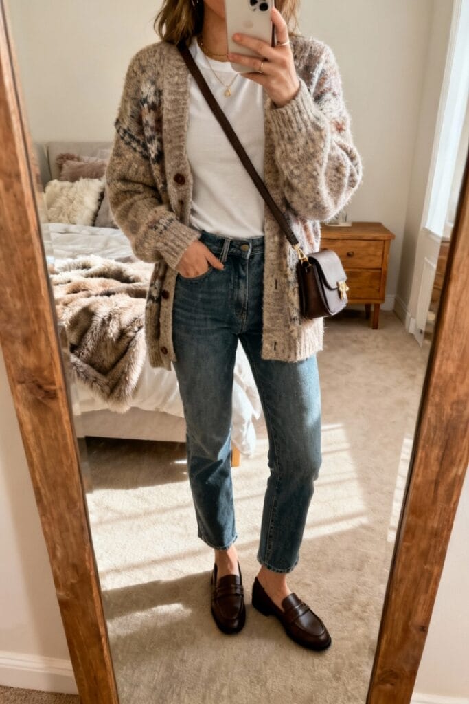 Person taking a mirror selfie, wearing a knit cardigan, white shirt, jeans, dark loafers, and a crossbody bag in a neutral-toned bedroom.