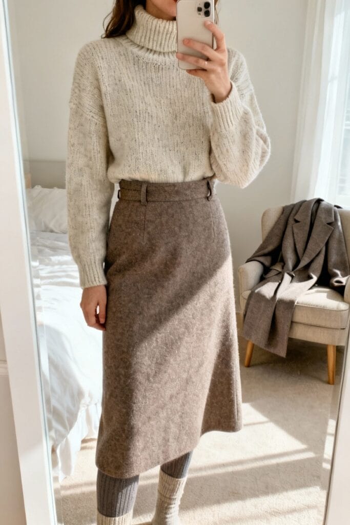 A person stands in front of a mirror wearing a cream turtleneck sweater, a brown wool skirt, gray tights, and cozy socks. A brown coat is draped over a chair in the background.