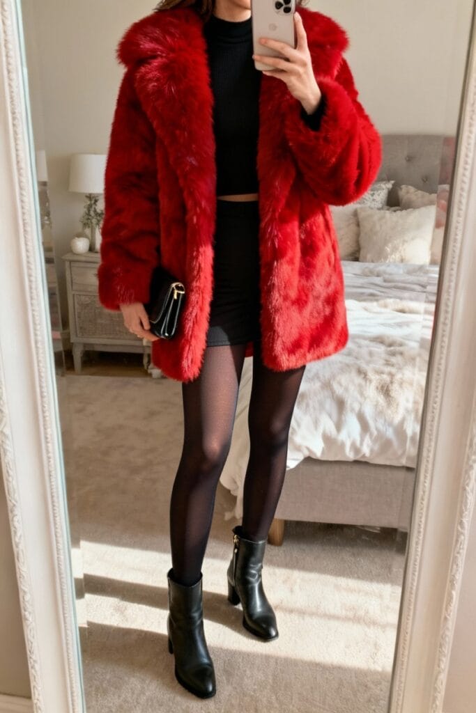 Person taking a mirror selfie wearing a red faux fur coat, black crop top, black skirt, tights, and ankle boots, holding a black clutch, standing in a bedroom.