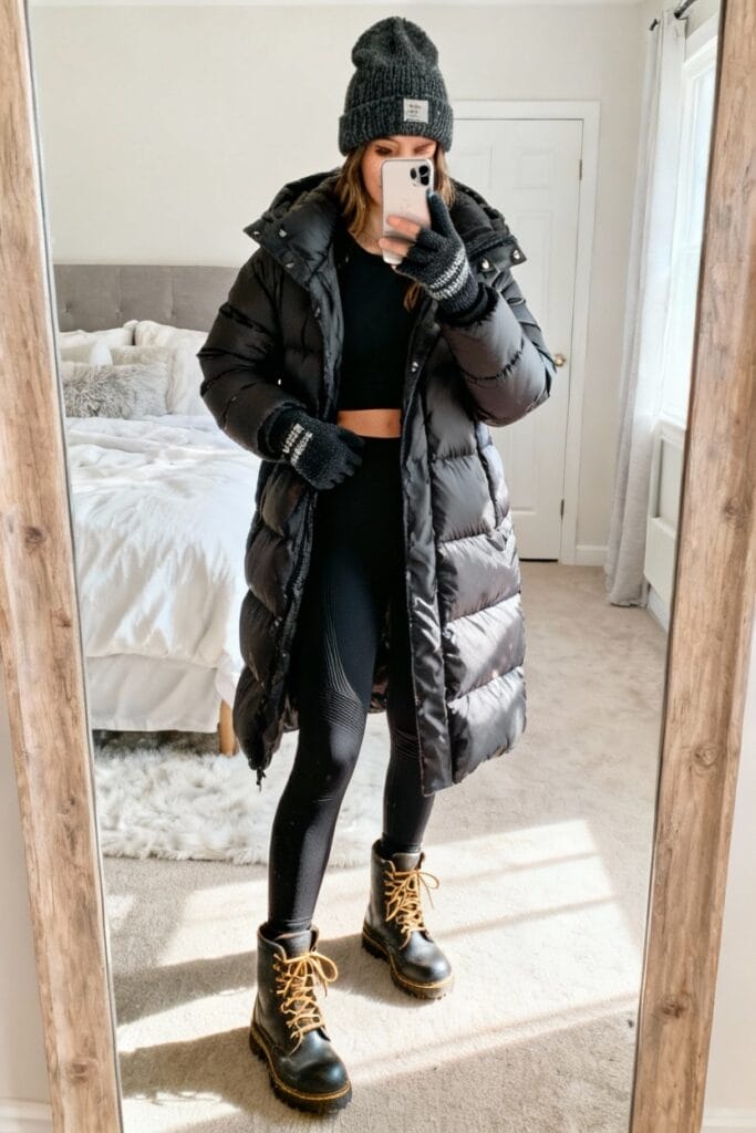 Person stands in front of a mirror wearing a black beanie, long puffer coat, gloves, black leggings, and lace-up boots, taking a selfie in a bedroom.