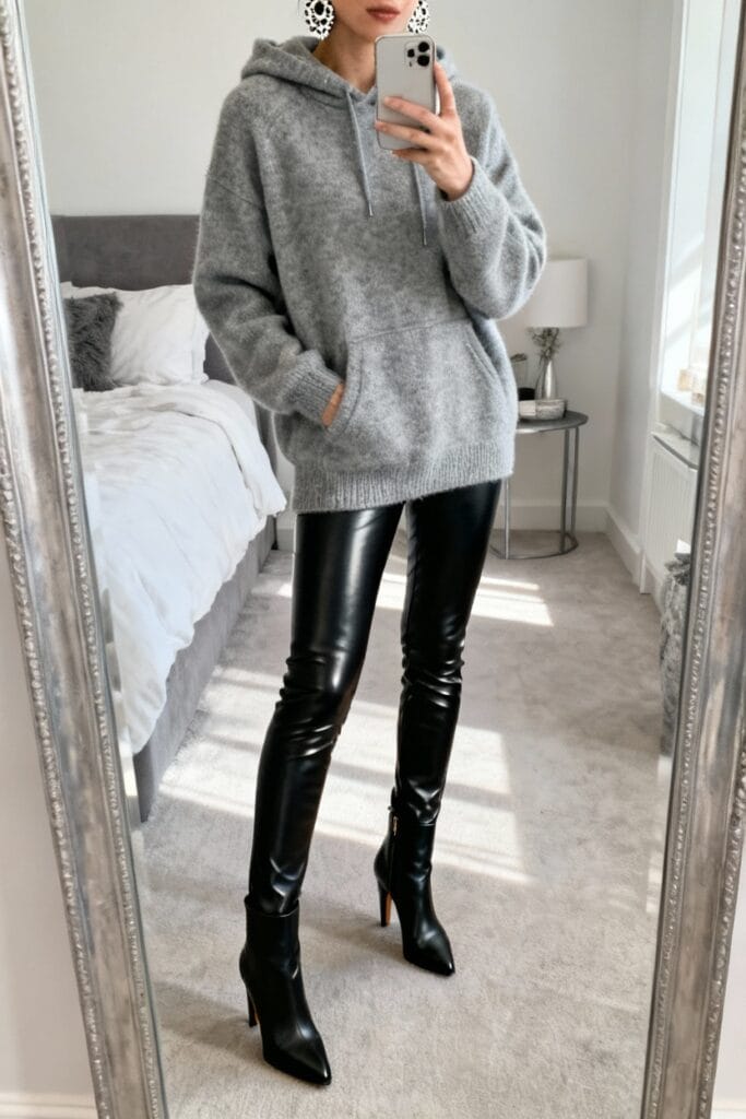 Person wearing a gray hoodie, black faux leather leggings, and black heeled boots stands in front of a mirror in a bedroom, taking a mirror selfie.