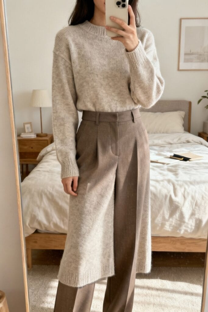 Person taking a mirror selfie wearing a beige sweater over taupe trousers, with a matching long knitted vest, in a neatly furnished bedroom.