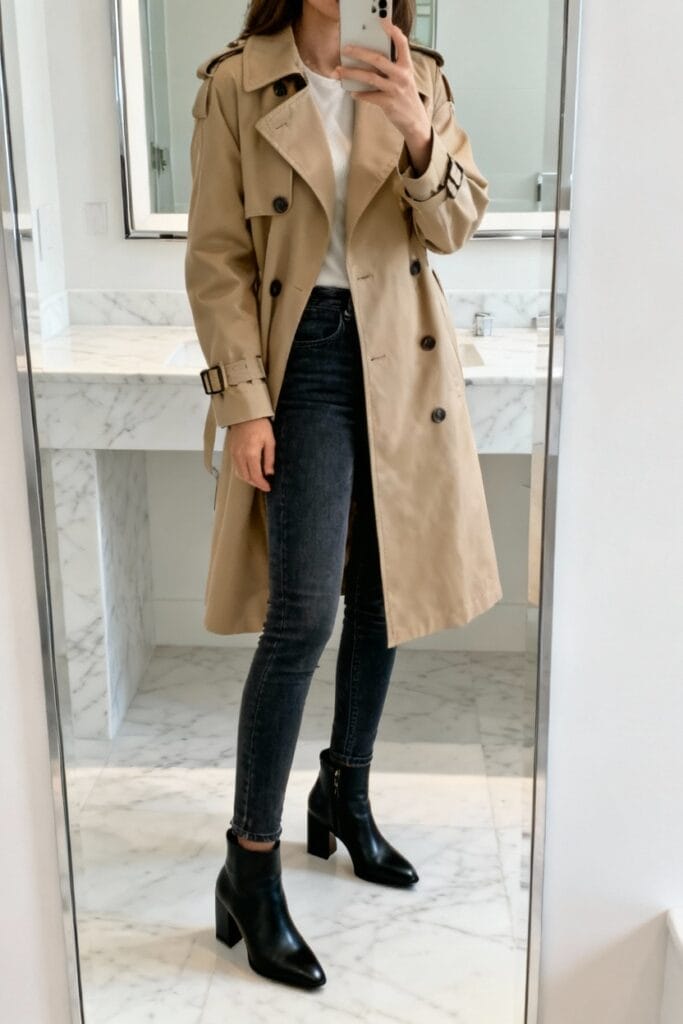 Person taking a mirror selfie in a bathroom, wearing a beige trench coat, white top, dark jeans, and black ankle boots.