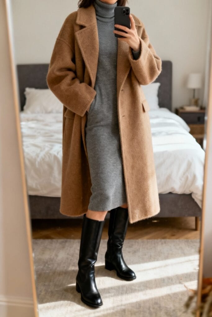 Person taking a mirror selfie wearing a long camel-colored coat over a gray turtleneck dress and black knee-high boots, standing in a bedroom with a neatly made bed.