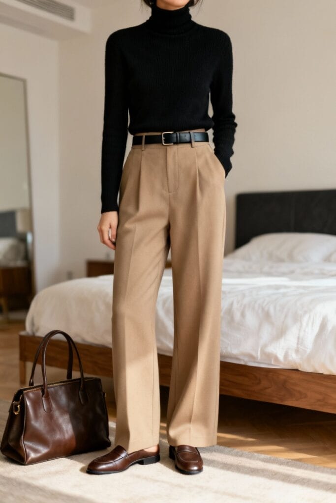 A person stands in a bedroom wearing a black turtleneck sweater, tan high-waisted trousers, brown loafers, and a black belt, with a brown leather bag on the floor nearby.