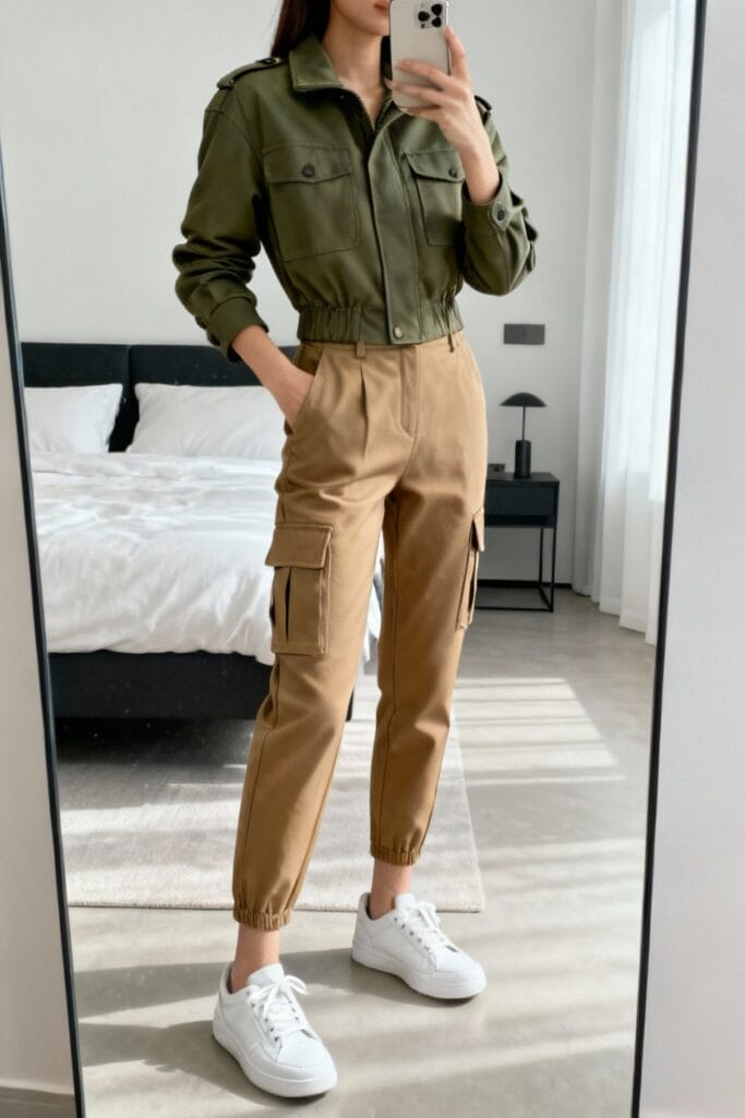 Person taking a mirror selfie wearing an olive green cropped jacket, tan cargo pants, and white sneakers in a modern, minimal bedroom.