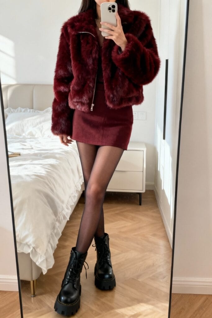 Person taking a mirror selfie wearing a burgundy faux fur jacket, matching skirt, sheer black tights, and black lace-up boots in a bedroom.