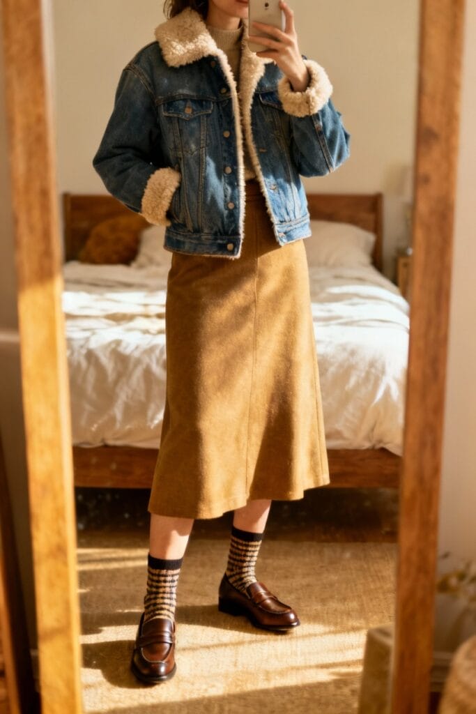 Person taking a mirror selfie wearing a denim jacket with shearling collar, a tan midi skirt, patterned socks, and brown loafers in a bedroom.