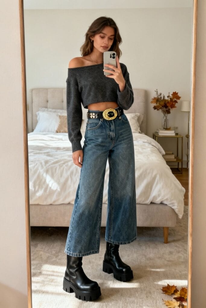 Woman takes a mirror selfie in a bedroom, wearing a gray off-shoulder sweater, wide-leg jeans, chunky black boots, and a large belt. A bed and autumn decor are visible in the background.