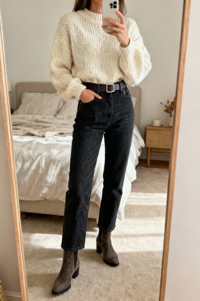 Person taking a mirror selfie wearing a cream knit sweater, black high-waisted jeans with a belt, and gray heeled boots, standing in a bedroom.