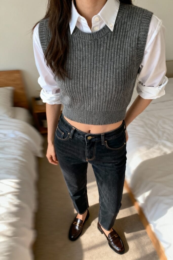 Person wearing a white button-up shirt with sleeves rolled up, a gray knit sleeveless crop top, black jeans, and black loafers, standing in a bedroom.