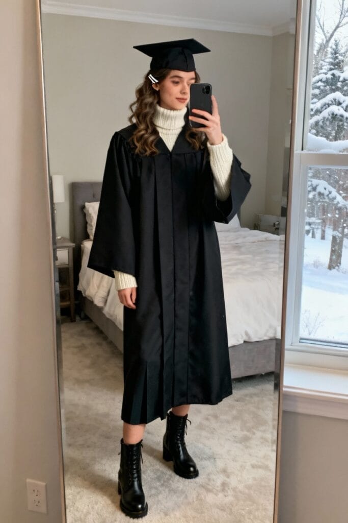 A person wearing a graduation cap and gown takes a mirror selfie in a bedroom with a snowy landscape visible outside the window.