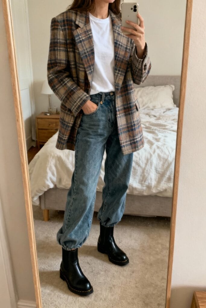 Person taking a mirror selfie wearing a plaid blazer, white t-shirt, blue jeans with rolled cuffs, and black ankle boots, standing in a bedroom.