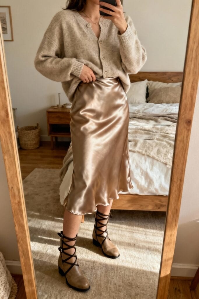 A person stands in front of a mirror wearing a beige cardigan, a champagne satin midi skirt, and tan lace-up ankle boots in a cozy bedroom setting.