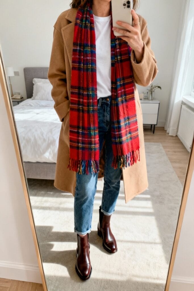 Person wearing a tan coat, red plaid scarf, white shirt, blue jeans, and dark brown boots stands in a bedroom, taking a mirror selfie.