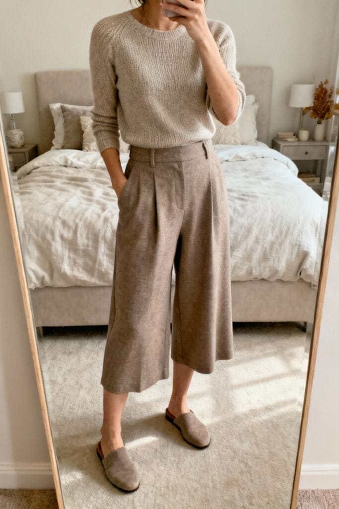 Person taking a mirror selfie in a neutral-toned bedroom, wearing a beige sweater, wide-legged cropped pants, and matching slippers.
