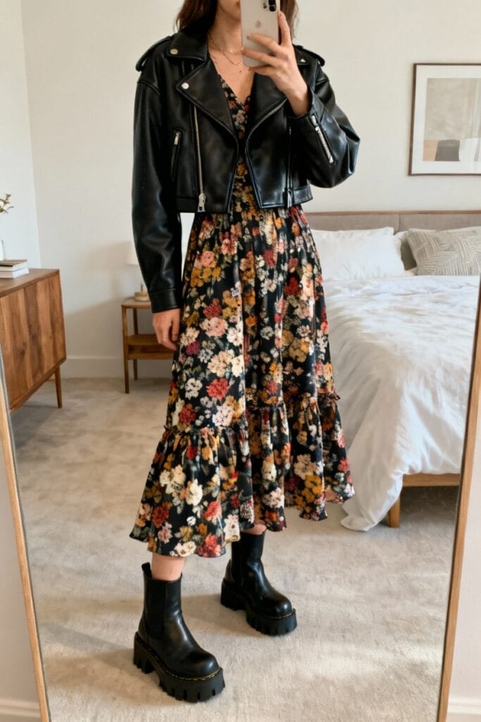 Woman taking a mirror selfie wearing a black leather jacket, floral midi dress, and black chunky boots in a modern bedroom.
