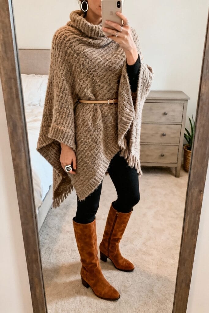 Person in a beige turtleneck poncho with a belt, black leggings, and brown knee-high boots, taking a mirror selfie in a bedroom.