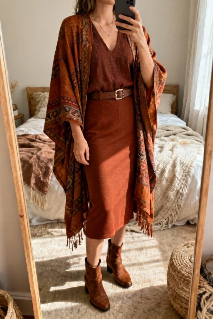 A person stands in a bedroom, wearing a rust-colored skirt, top, patterned shawl, and brown ankle boots, taking a mirror selfie.