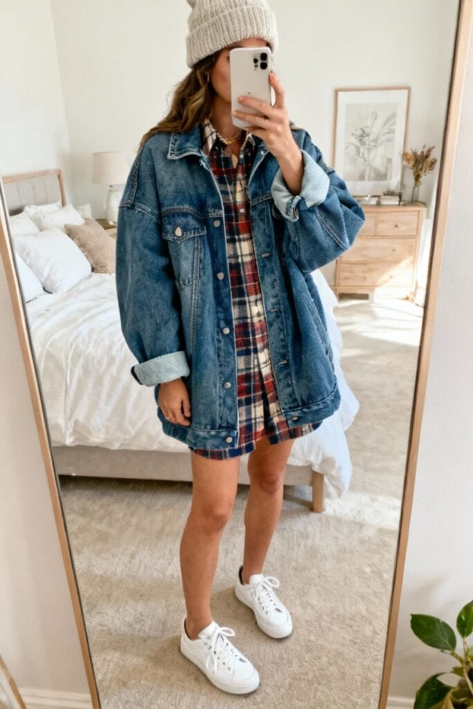 Person taking a mirror selfie wearing a beanie, oversized denim jacket, plaid shirt dress, and white sneakers in a neatly decorated bedroom.