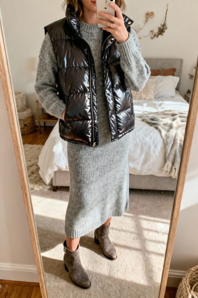 Person taking a mirror selfie wearing a gray knit dress, black puffer vest, and gray ankle boots in a bedroom with neutral decor.