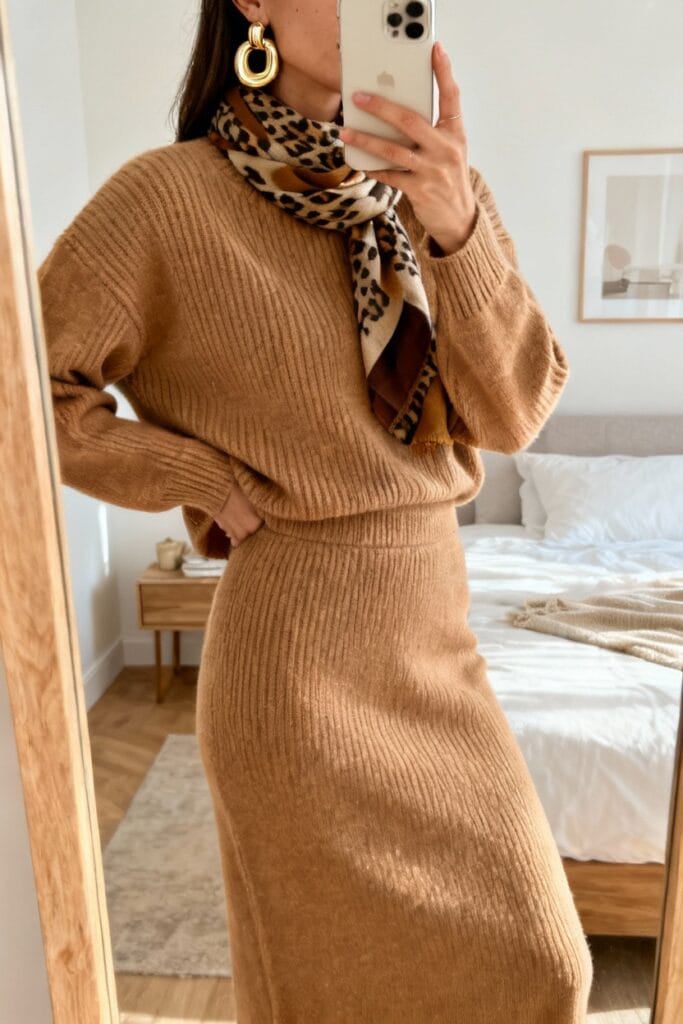 Woman taking mirror selfie wearing a camel-colored knit sweater and skirt set, a leopard print scarf, and gold earrings in a bedroom.