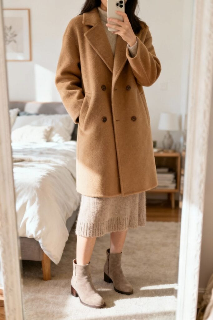 A person stands in a bedroom wearing a tan wool coat, a knit dress, and ankle boots, taking a mirror selfie.