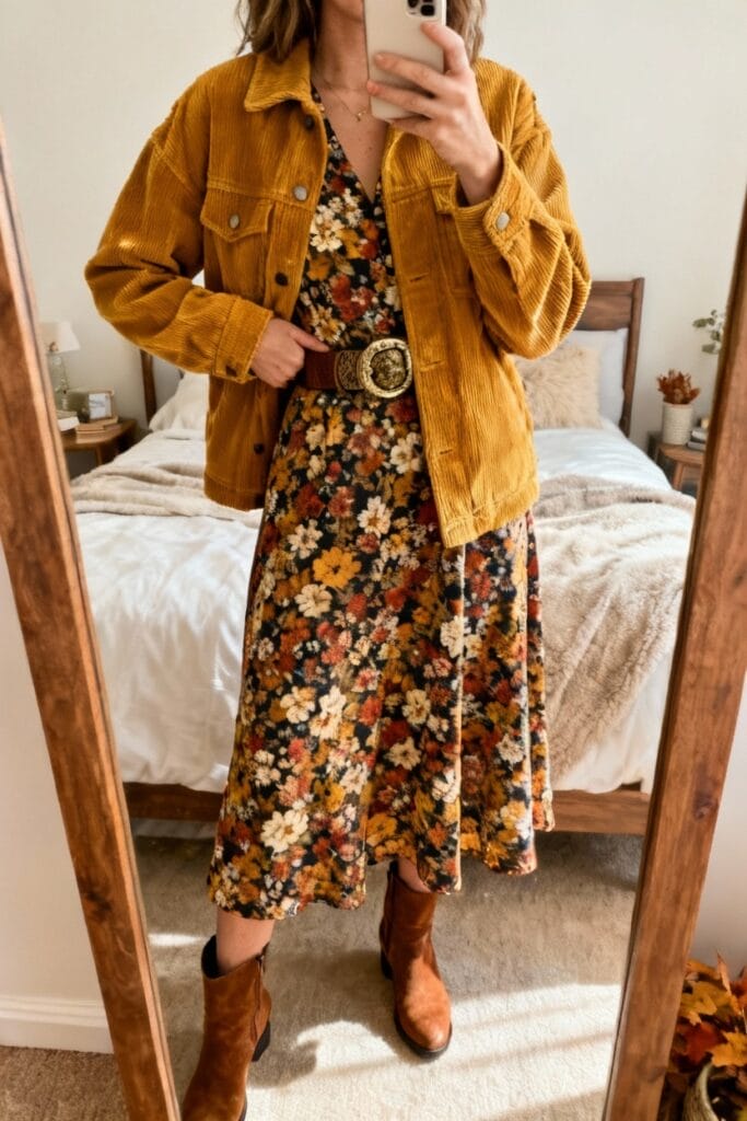Woman stands in front of a mirror wearing a yellow corduroy jacket, a floral dress with a wide belt, and brown boots, taking a photo with her phone in a bedroom.