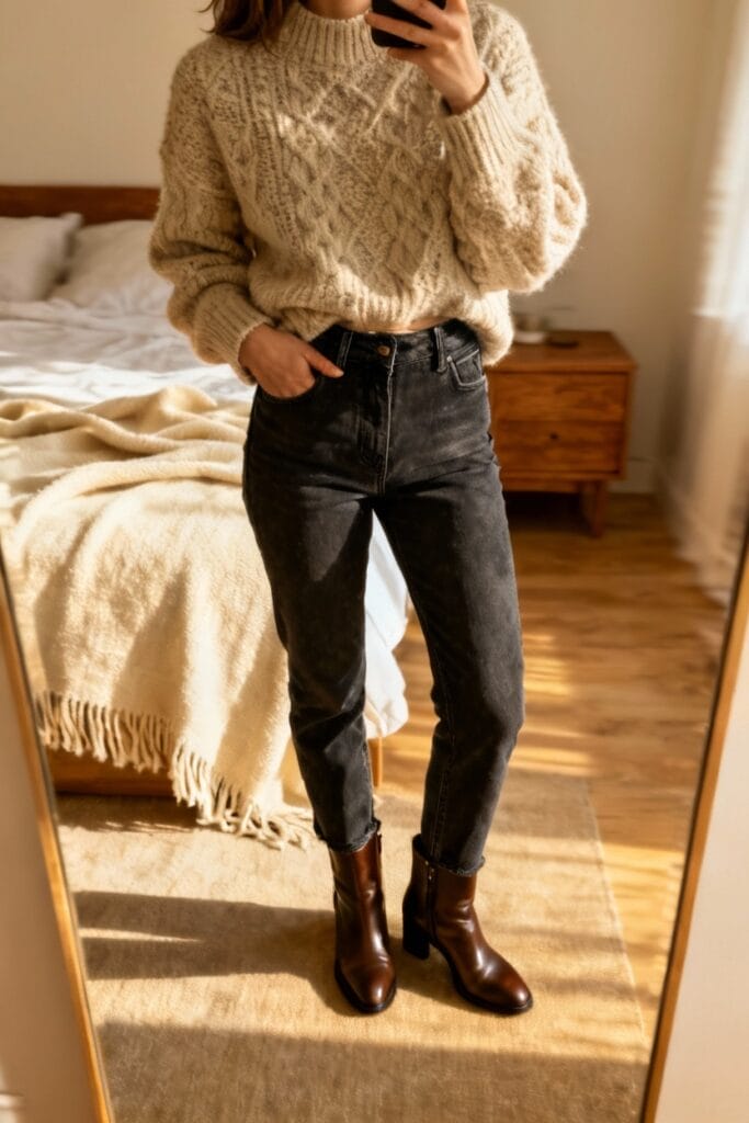 Person wearing a beige knit sweater, black jeans, and brown ankle boots stands in front of a mirror, partially visible bed and nightstand in the background.