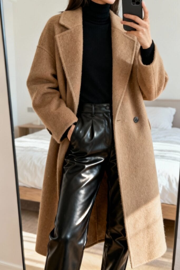 Person wearing a long camel coat, black turtleneck, and black leather pants stands indoors, taking a mirror selfie in a bedroom.