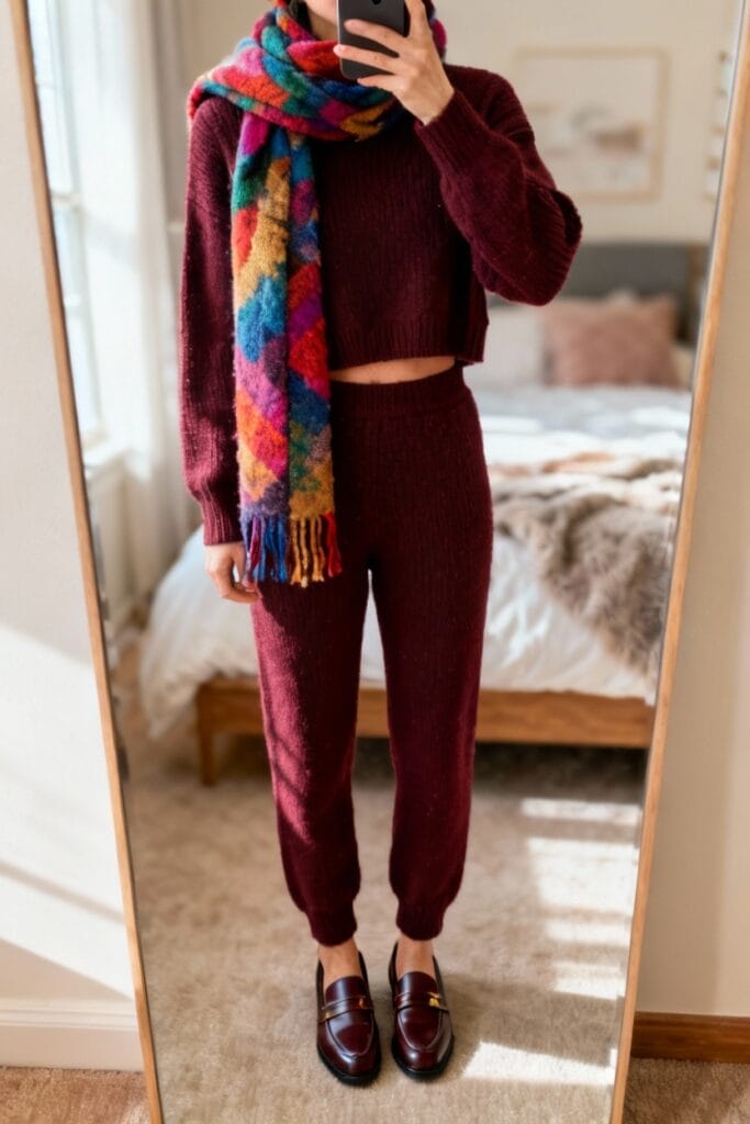 A person stands indoors wearing a burgundy knit sweater and pants set, a colorful striped scarf, and burgundy loafers, taking a mirror selfie in a bedroom.