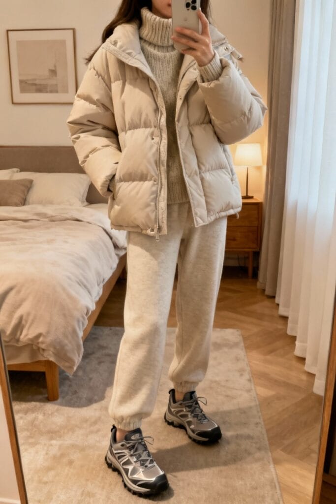 Person taking a mirror selfie in a bedroom, wearing a light puffer jacket, turtleneck sweater, sweatpants, and sneakers.